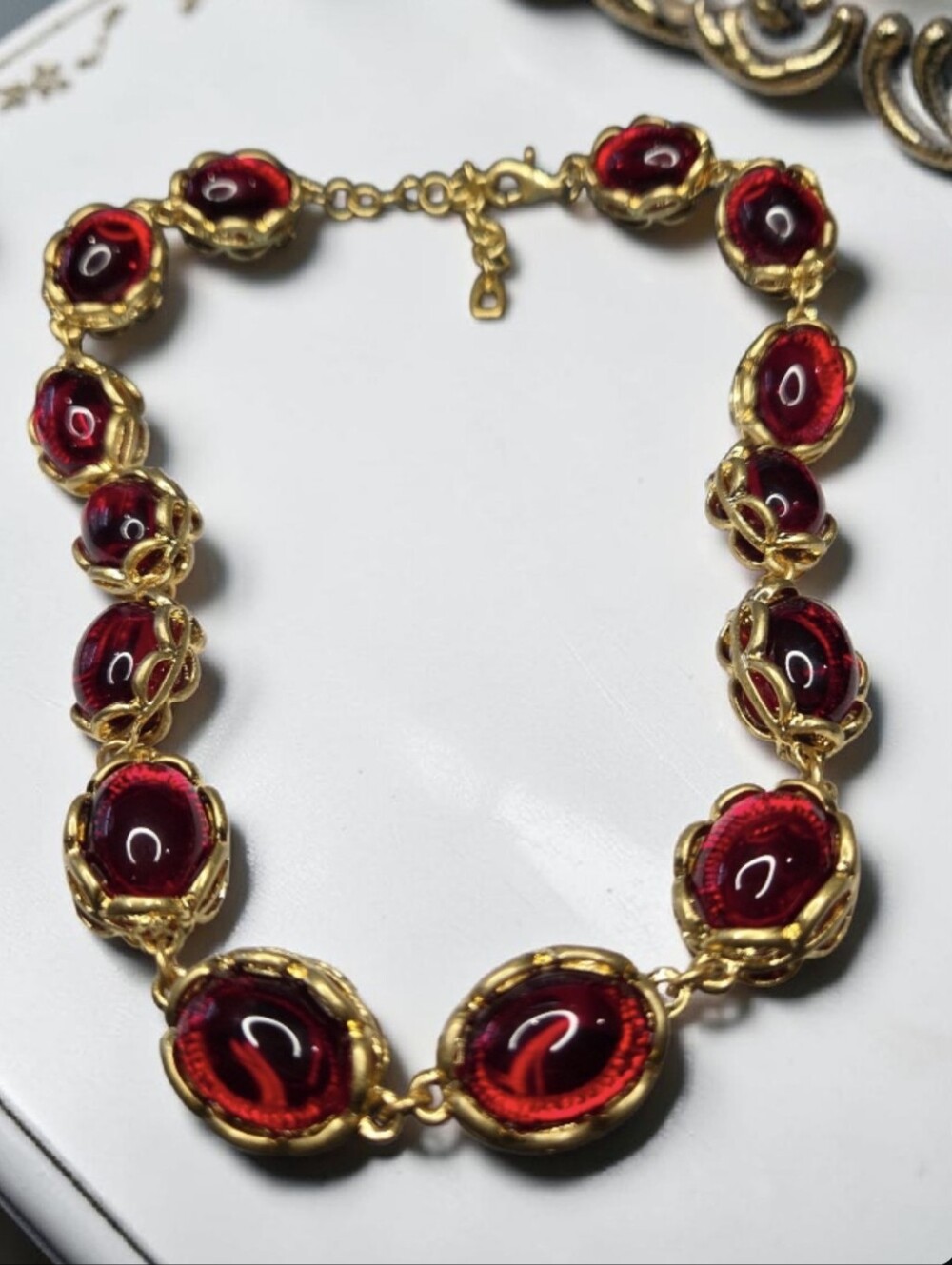 18k Gold Plated Chunky Ruby Glass Caged Statement Necklace